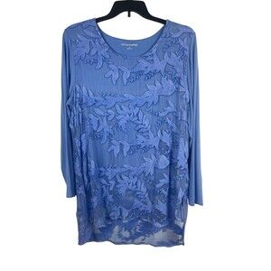 Soft Surroundings Top 1X Blue Sheer Silk Floral Embroidered Tunic Blouse Stretch